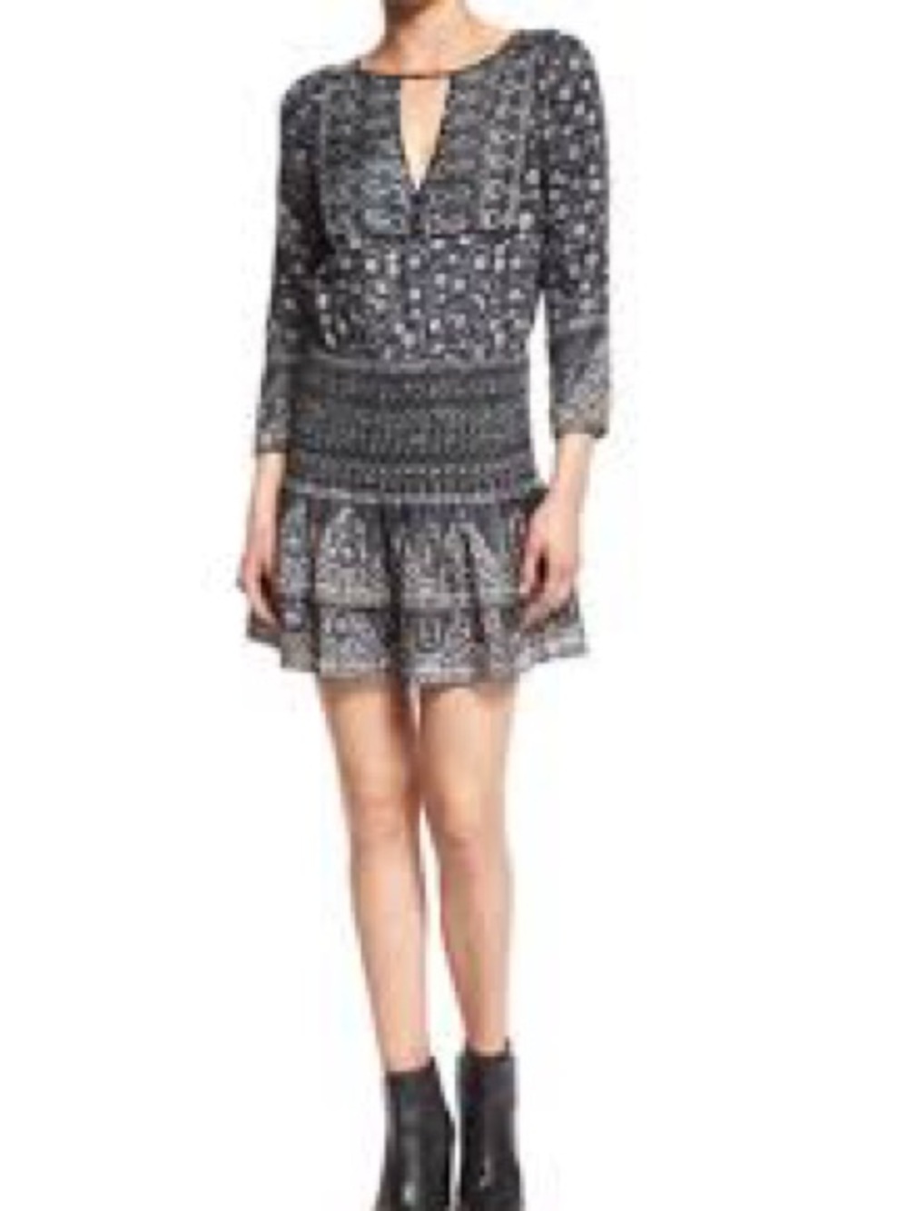 Veronica Beard Black Printed Smocked Waist Mini Dress